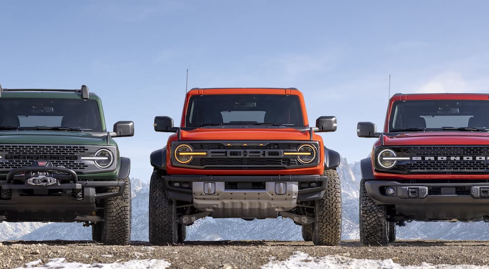 A trio of Ford Broncos from the front.