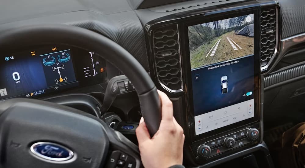 Steering wheel and infotainment screen in a 2026 Ford Ranger.