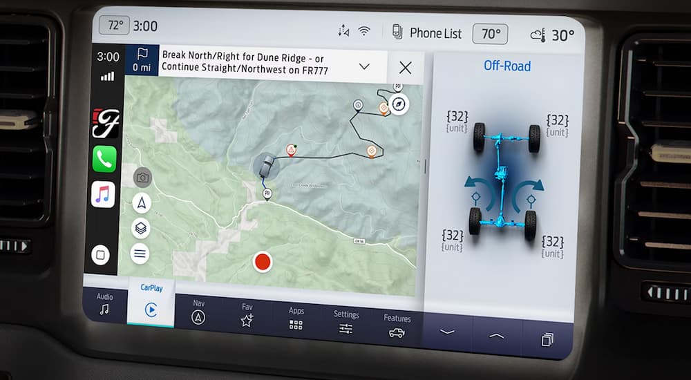 Off-roading features on the infotainment screen in a 2026 Ford Bronco