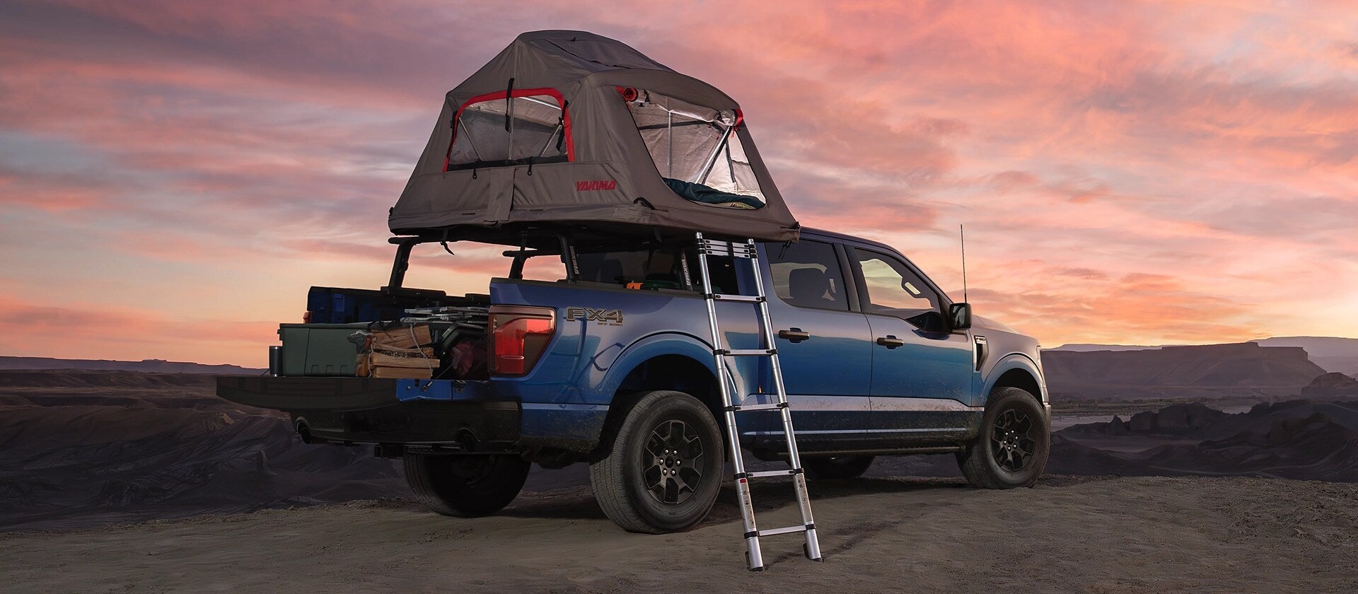 Blue 2025 Ford F-150 STX parked off-road.
